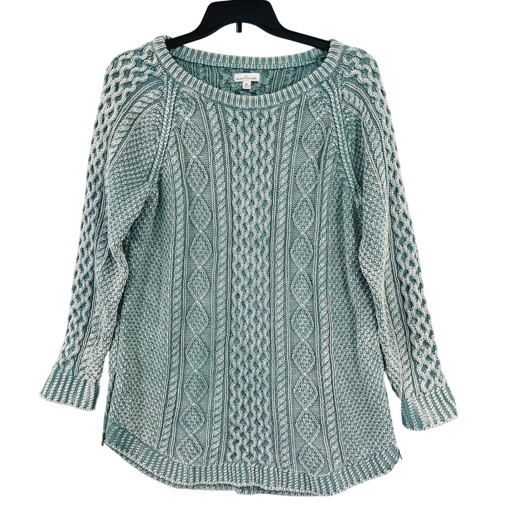 L.L. Bean Signature Coastal Fisherman Sweater Size XL Teal Pastel Cable Knit